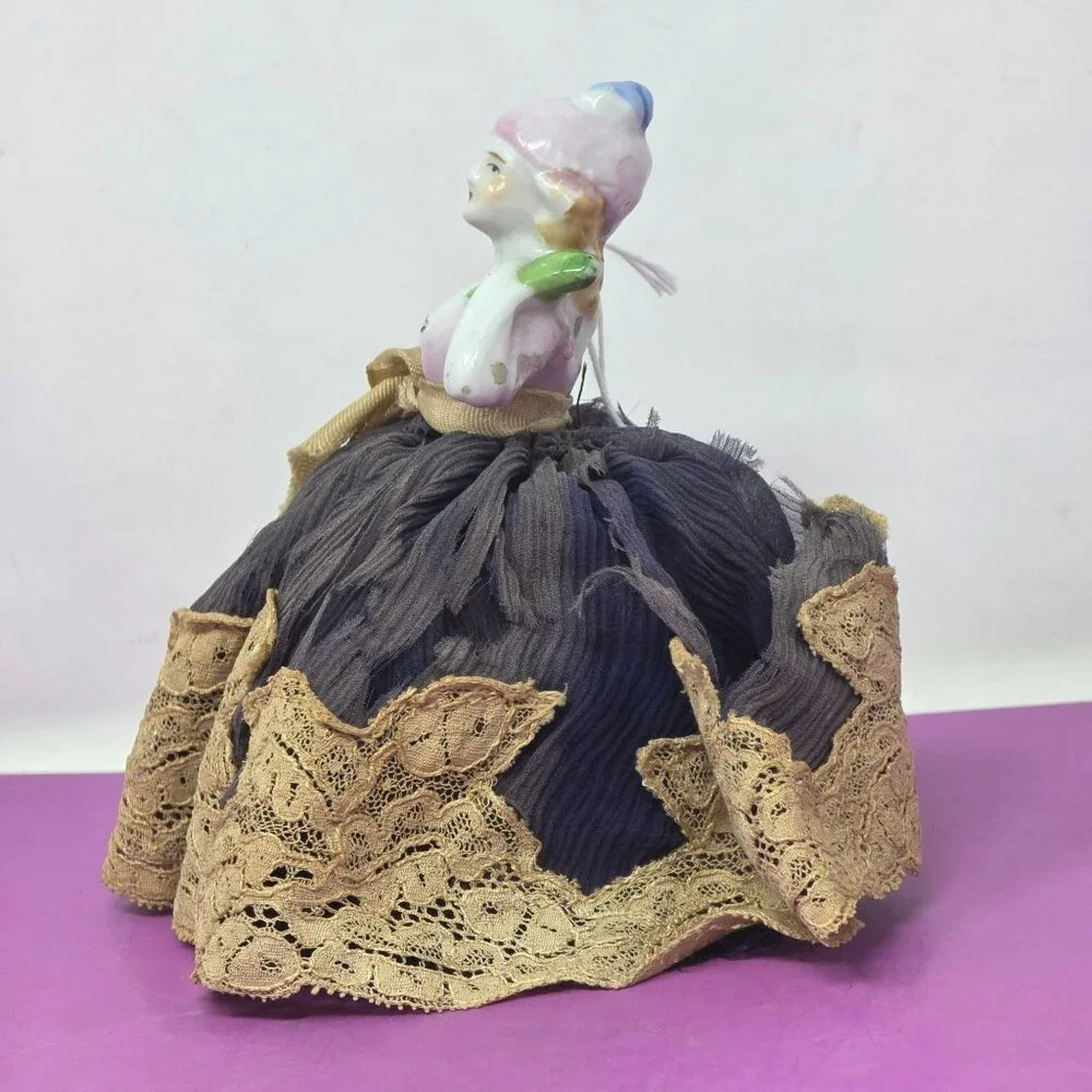 Vintage Porcelain Half Doll Pincushion With Lace‎ Skirt And Fabric Details